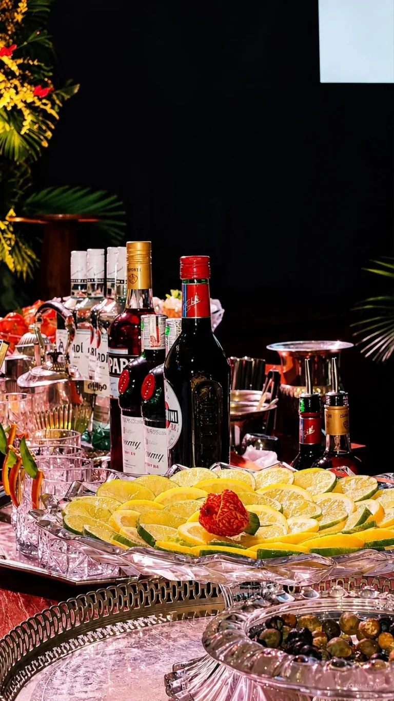 Frutas e bebidas sobre balcão em ambiente escuro